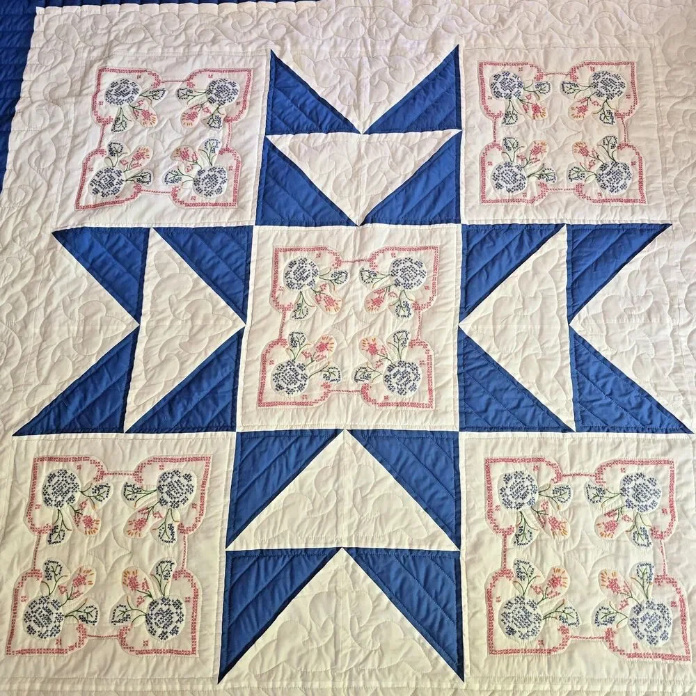 Vintage Handmade Quilt 88x103 Blue & White Cross Stitch Prairie Point Edge Queen